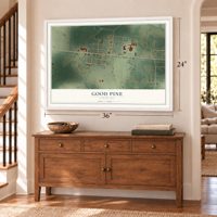 Good Pine, Louisiana map, 24 x 36 inch print in a white frame above a dresser by a staircase