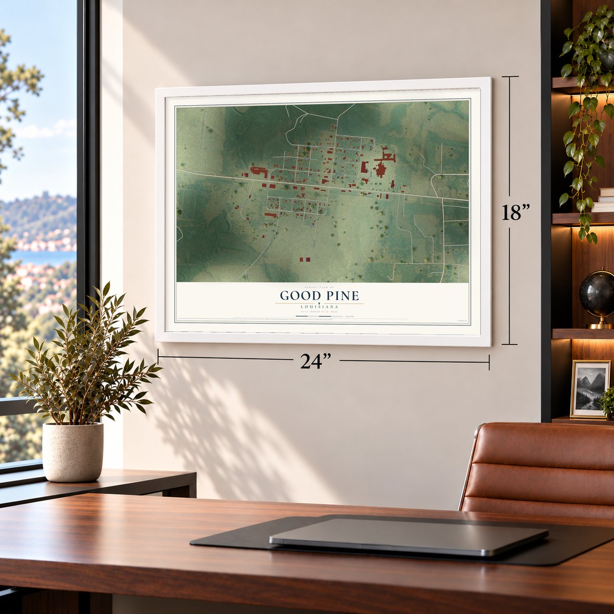 Good Pine, Louisiana map, 18 x 24 inch print in a white frame in a home office