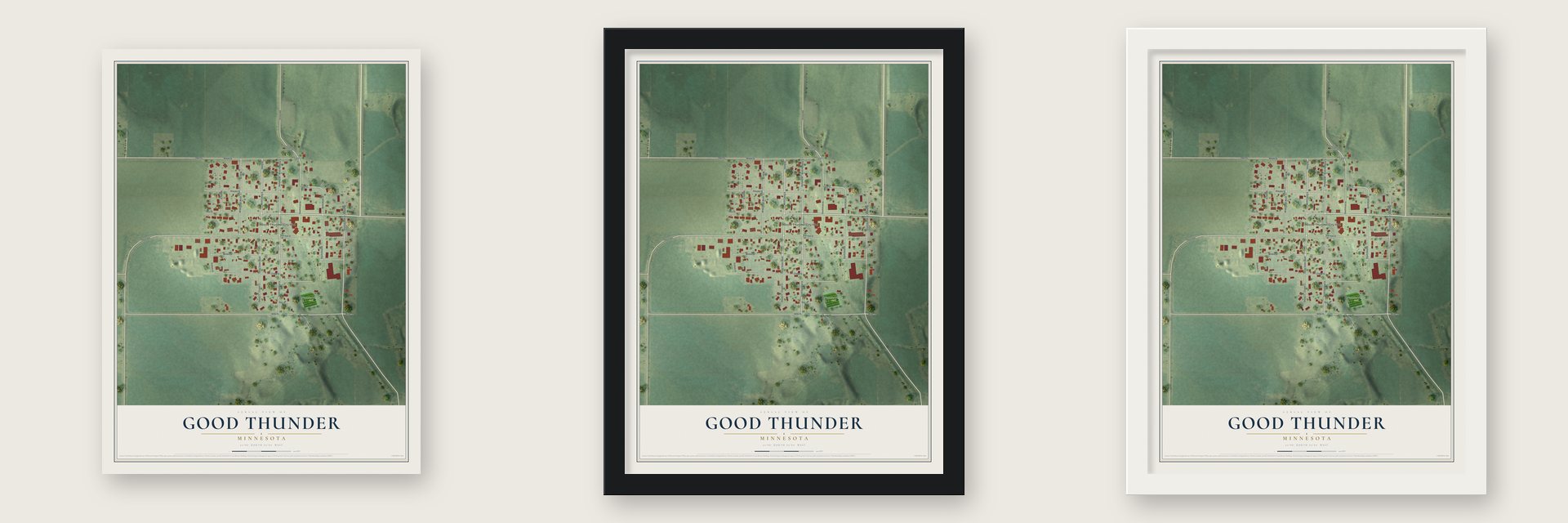 Good Thunder, Minnesota map unframed, in a black wood frame and in a white wood frame