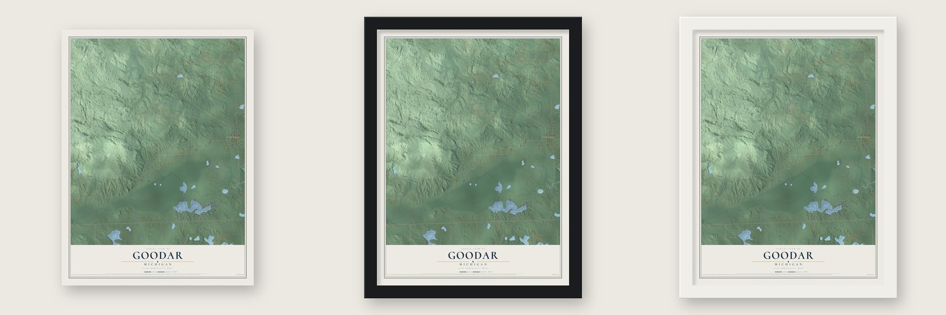 Goodar, Michigan map unframed, in a black wood frame and in a white wood frame