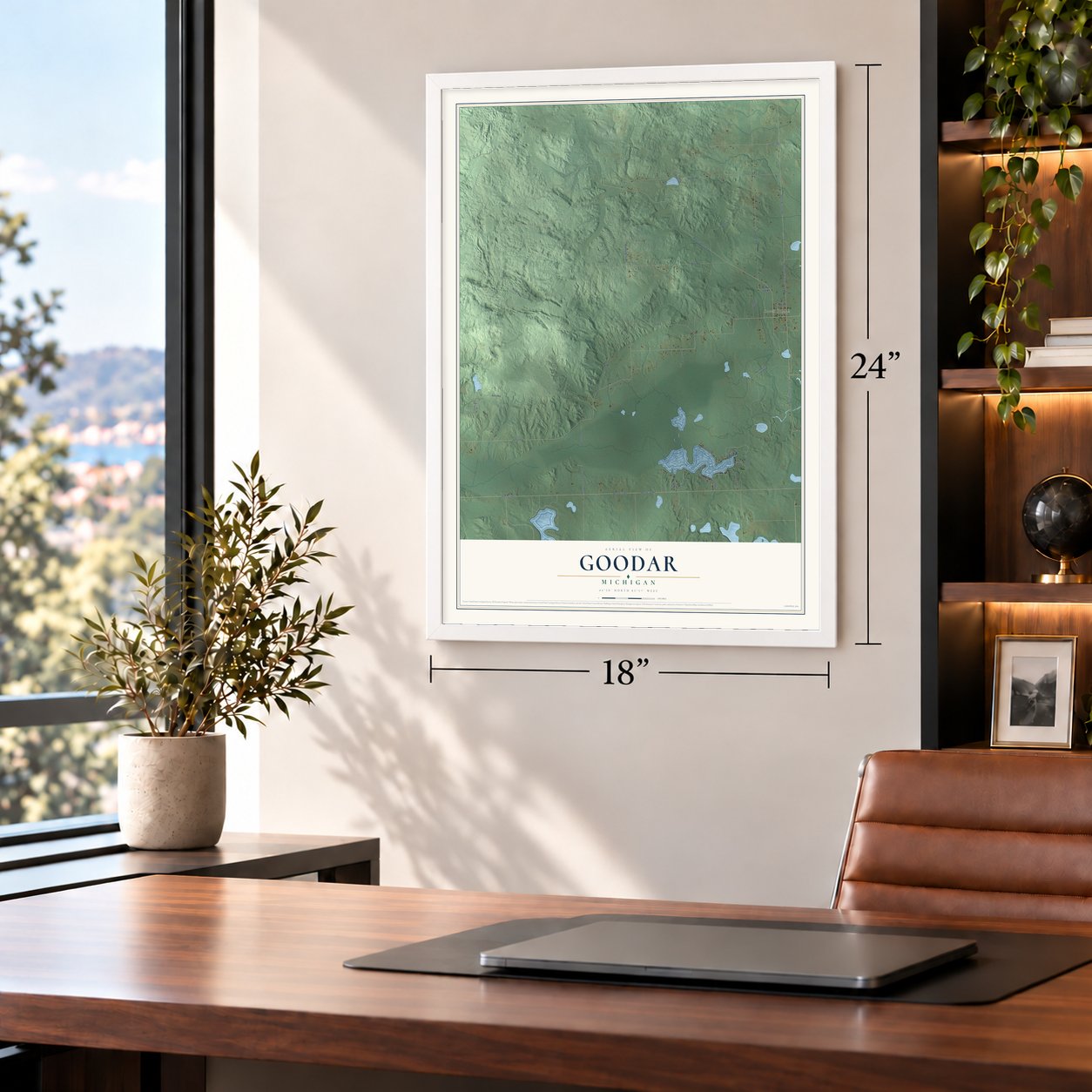 Goodar, Michigan map, 18 x 24 inch print in a white frame in a home office