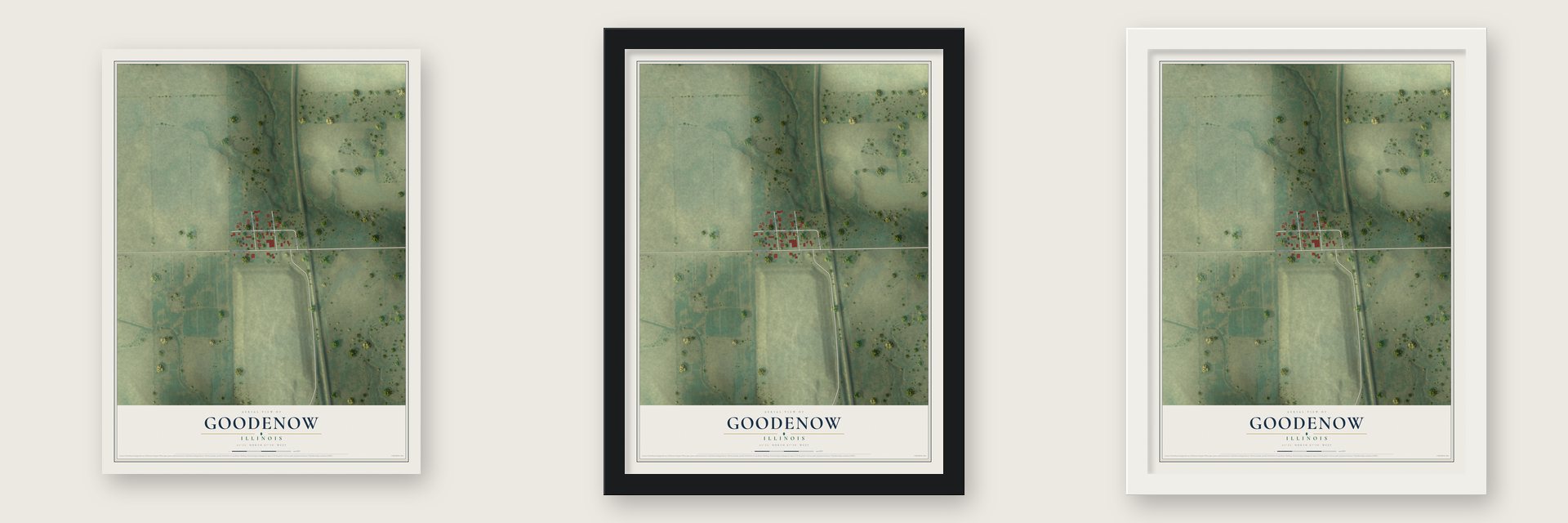 Goodenow, Illinois map unframed, in a black wood frame and in a white wood frame