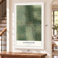Goodenow, Illinois map, 24 x 36 inch print in a white frame by a staircase