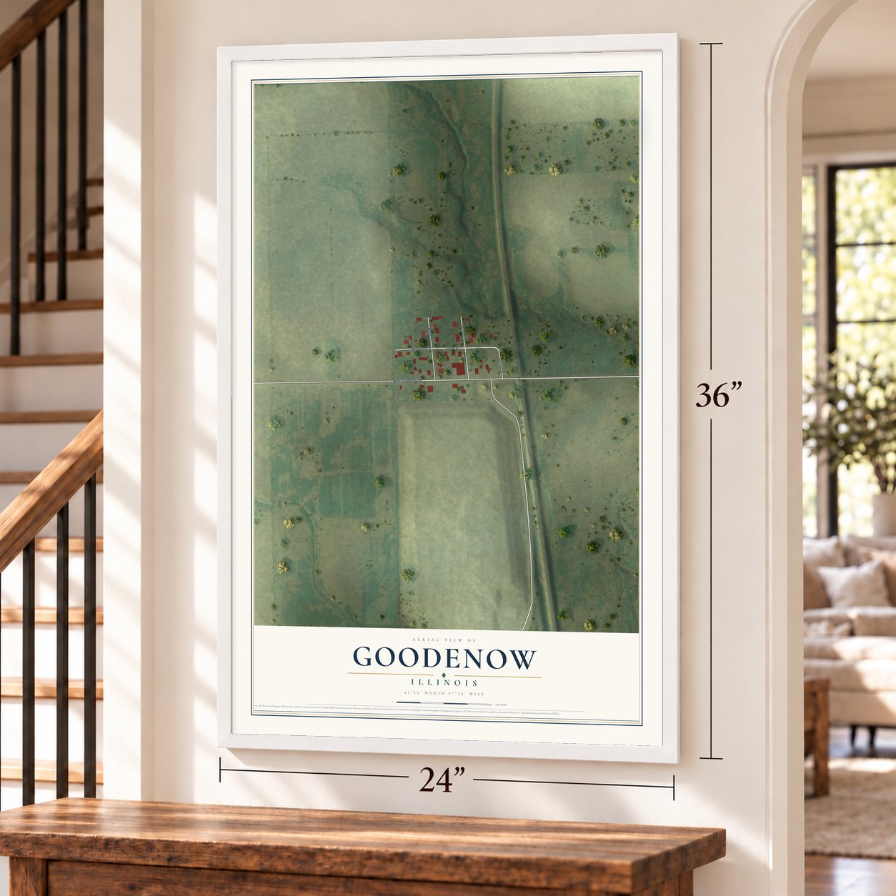 Goodenow, Illinois map, 24 x 36 inch print in a white frame by a staircase