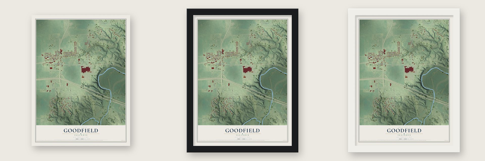 Goodfield, Illinois map unframed, in a black wood frame and in a white wood frame