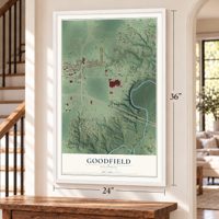 Goodfield, Illinois map, 24 x 36 inch print in a white frame by a staircase