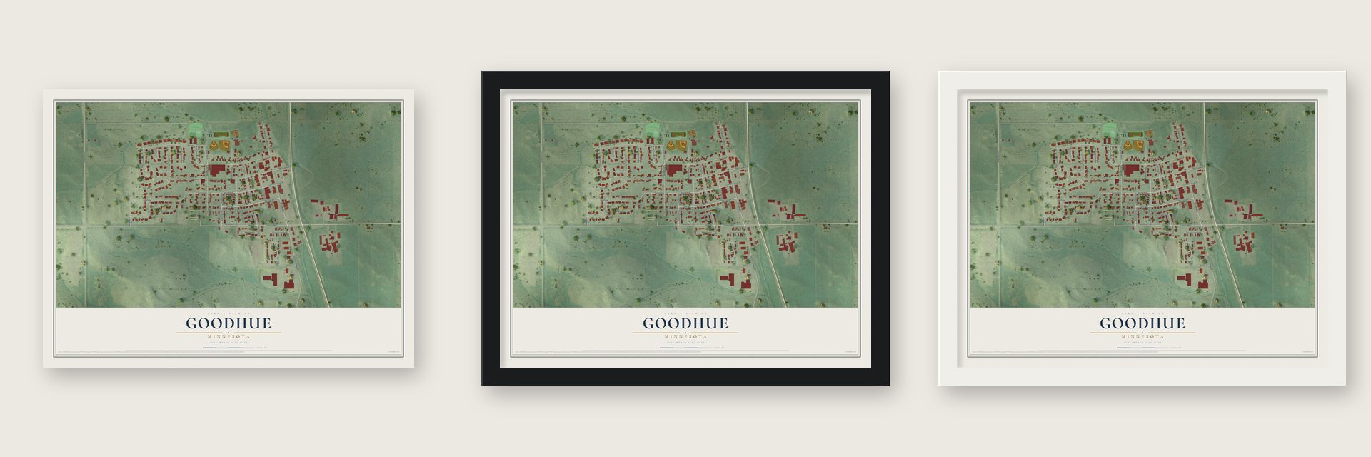 Goodhue, Minnesota map unframed, in a black wood frame and in a white wood frame