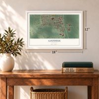 Goodhue, Minnesota map, 12 x 18 inch print in a white frame in an entryway