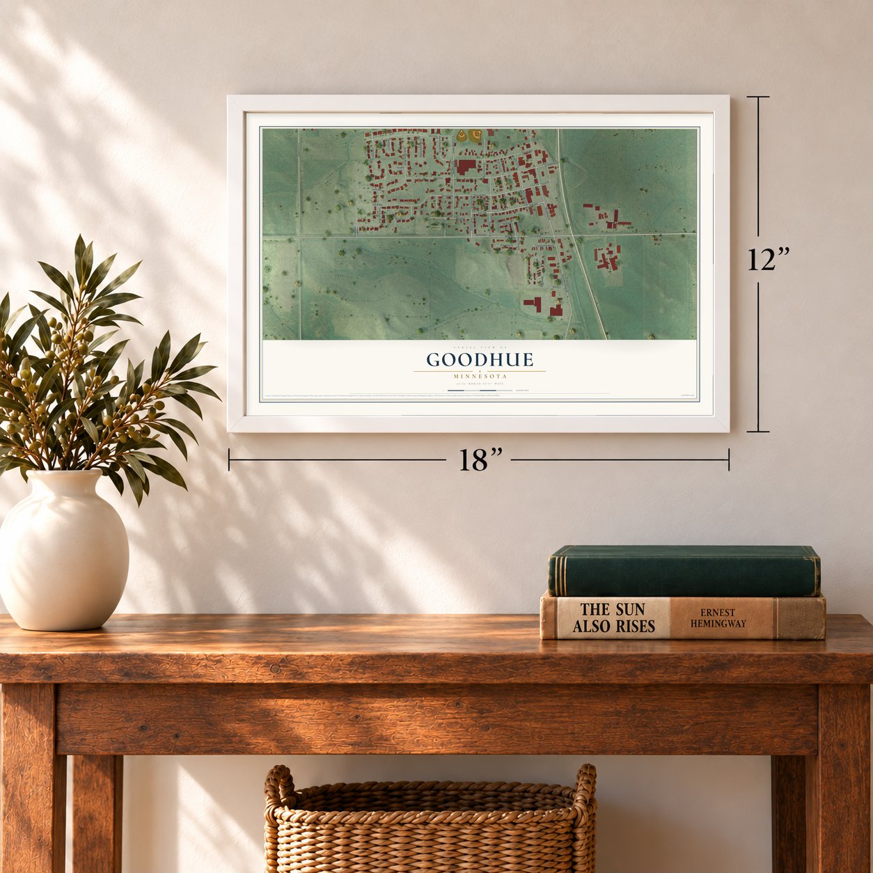 Goodhue, Minnesota map, 12 x 18 inch print in a white frame in an entryway