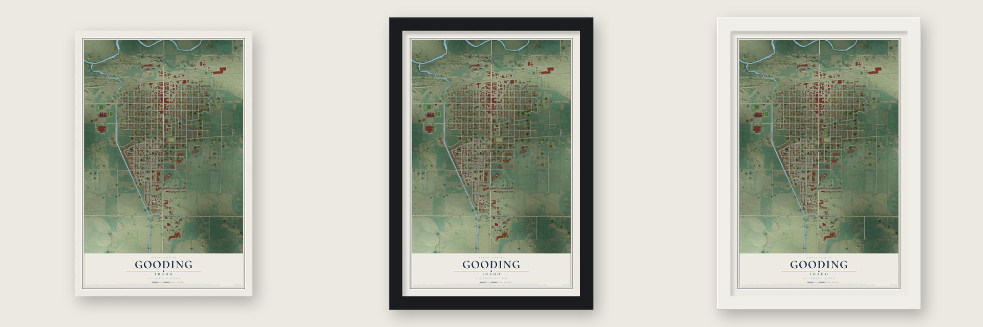 Gooding, Idaho map unframed, in a black wood frame and in a white wood frame