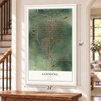 Gooding, Idaho map, 24 x 36 inch print in a white frame by a staircase