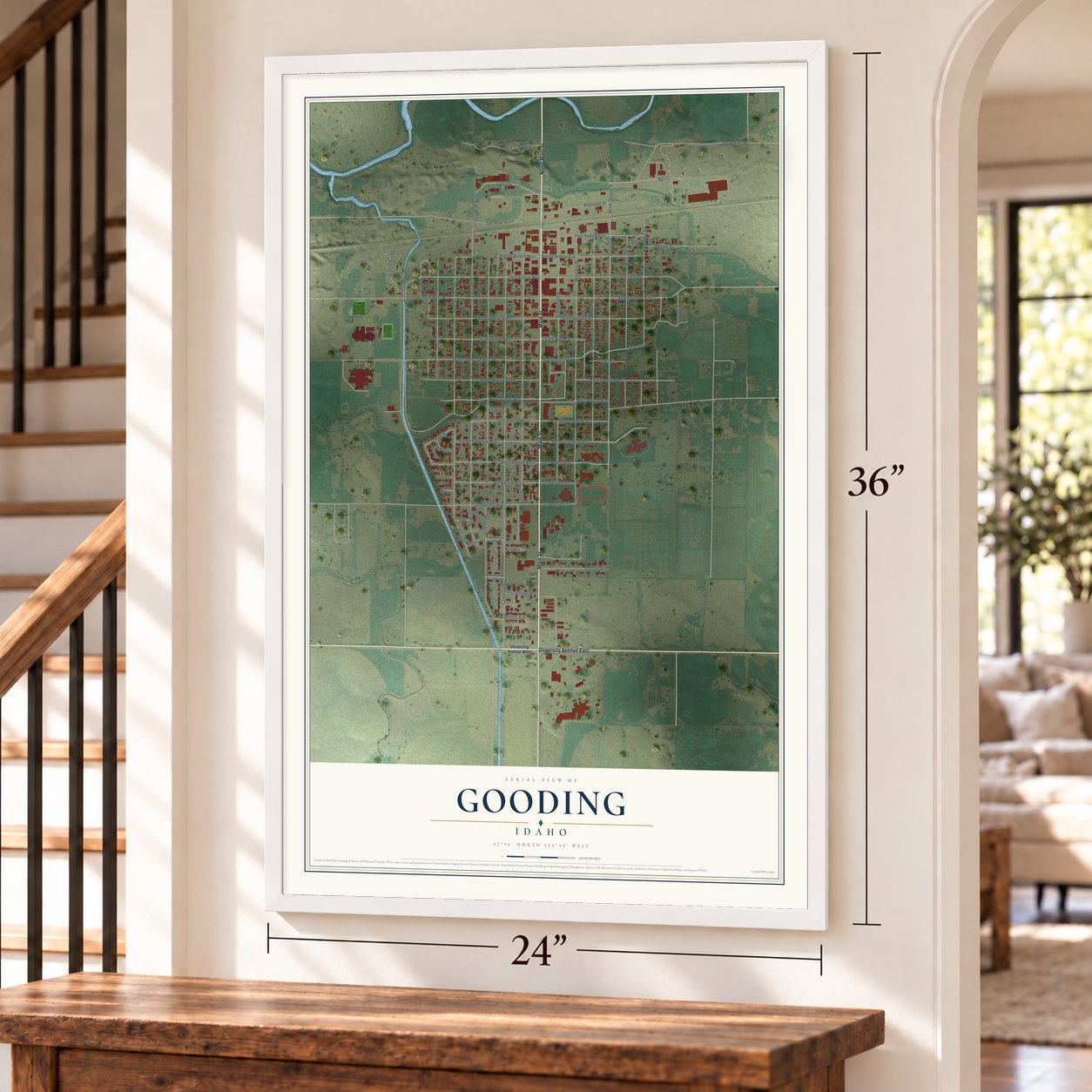 Gooding, Idaho map, 24 x 36 inch print in a white frame by a staircase
