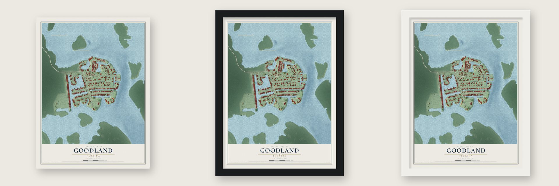Goodland, Florida map unframed, in a black wood frame and in a white wood frame