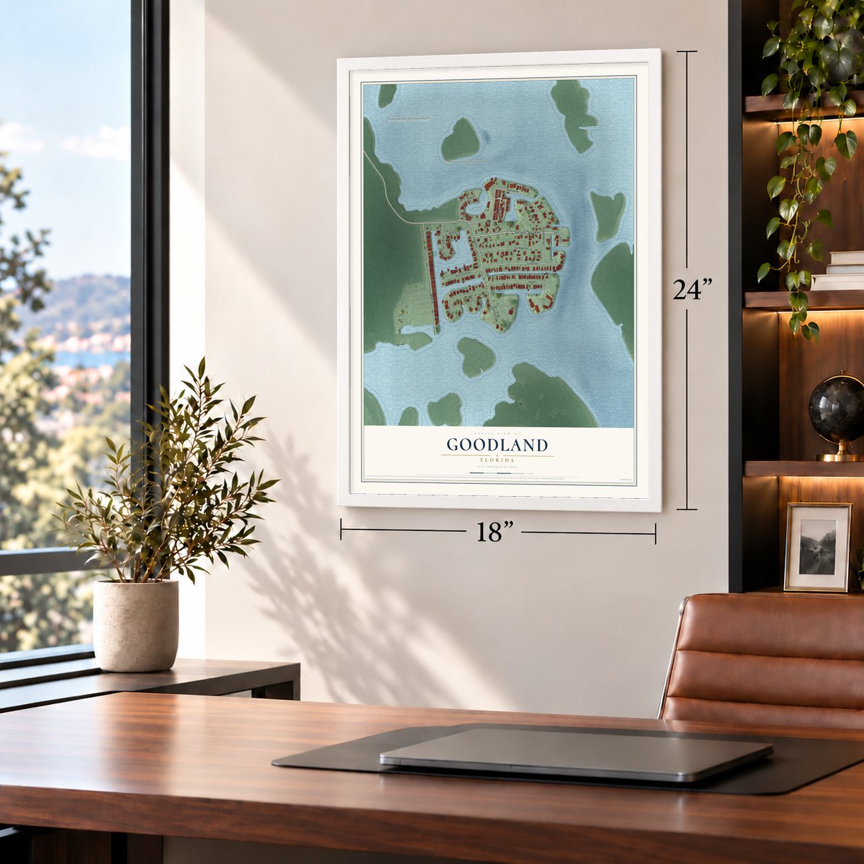 Goodland, Florida map, 18 x 24 inch print in a white frame in a home office