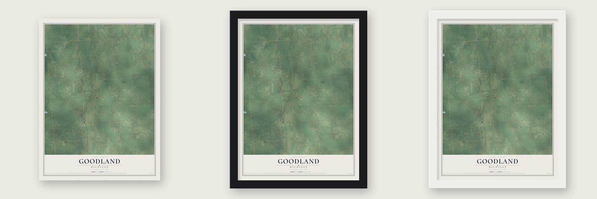 Goodland, Michigan map unframed, in a black wood frame and in a white wood frame