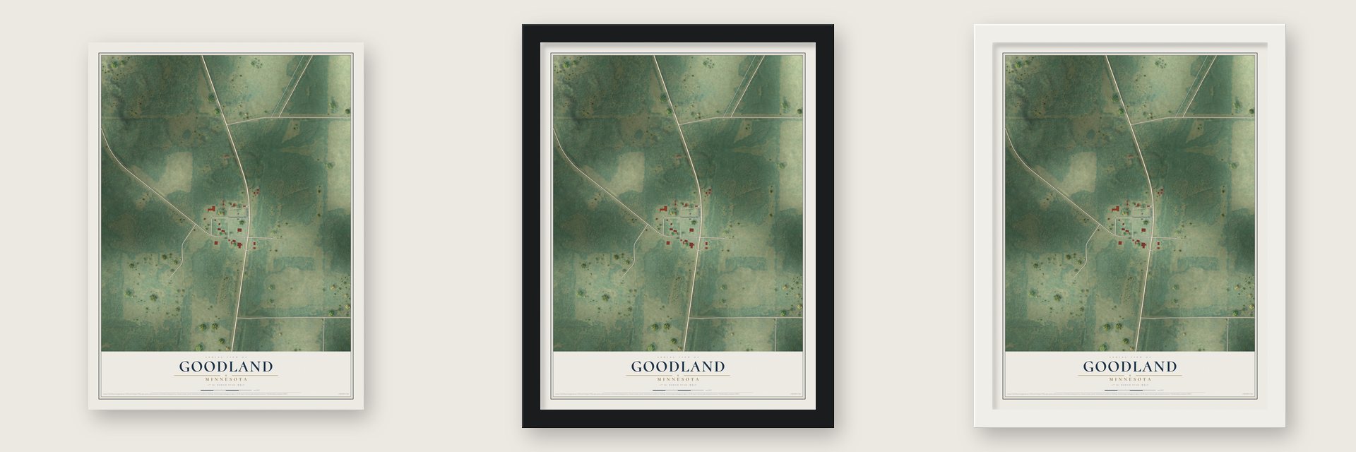 Goodland, Minnesota map unframed, in a black wood frame and in a white wood frame