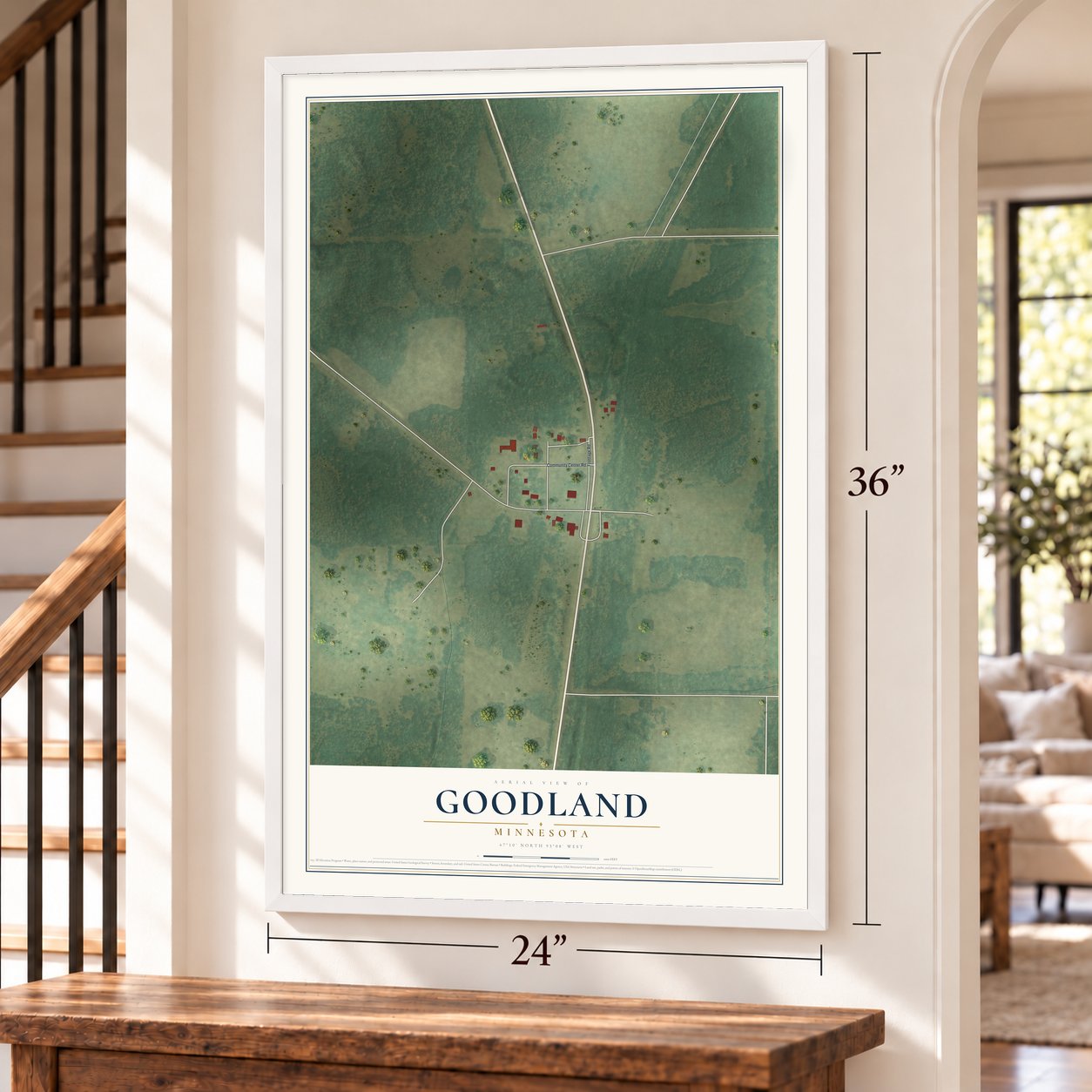 Goodland, Minnesota map, 24 x 36 inch print in a white frame by a staircase