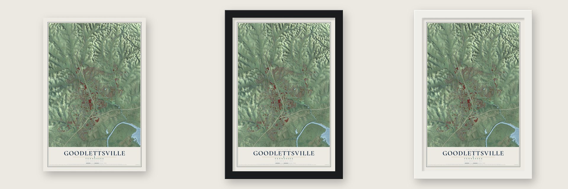 Goodlettsville, Tennessee map unframed, in a black wood frame and in a white wood frame
