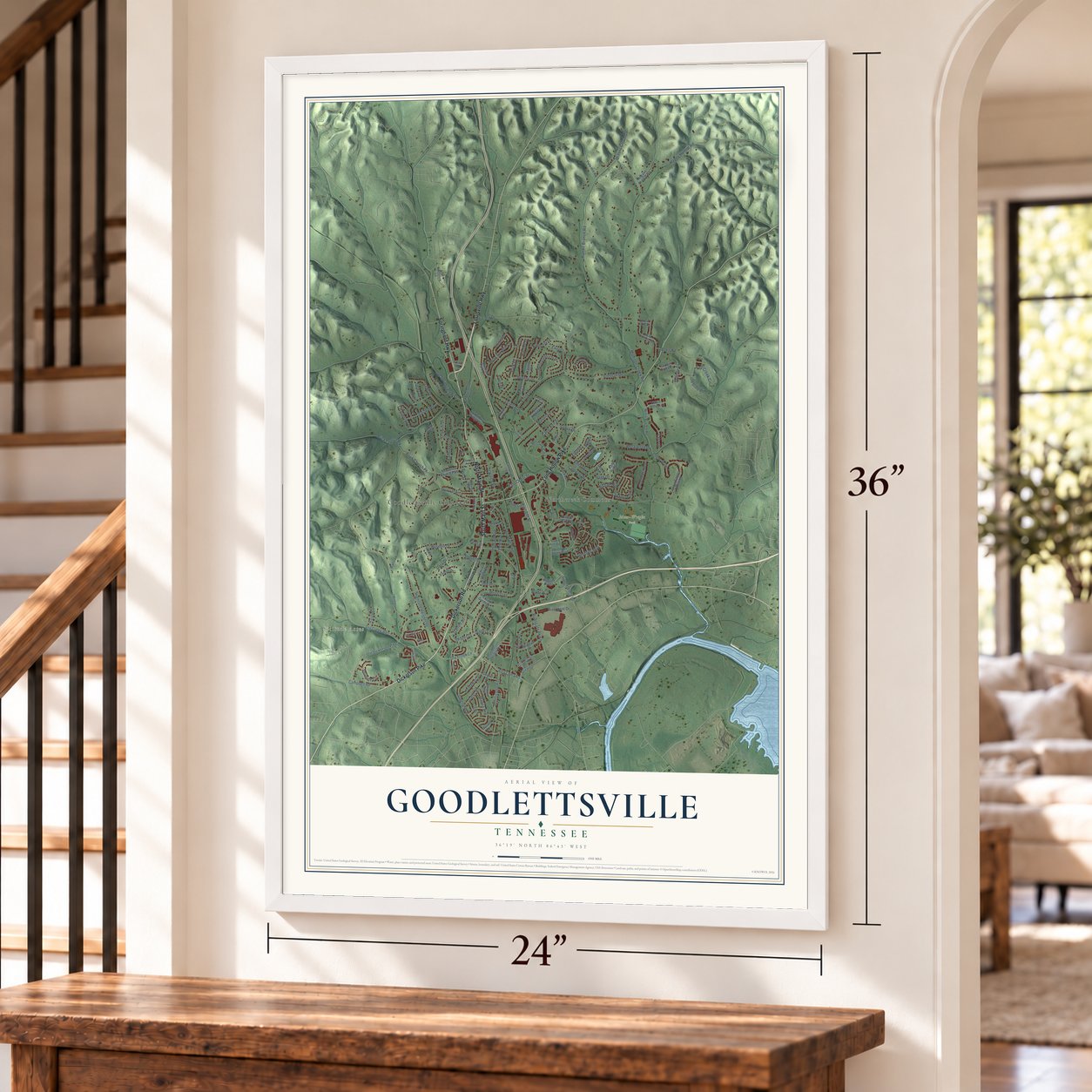 Goodlettsville, Tennessee map, 24 x 36 inch print in a white frame by a staircase