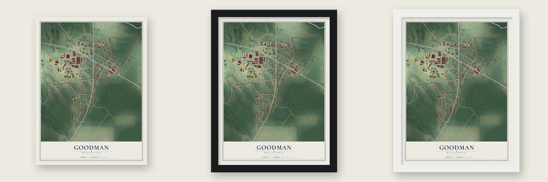 Goodman, Mississippi map unframed, in a black wood frame and in a white wood frame