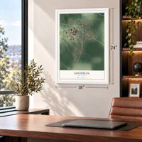 Goodman, Mississippi map, 18 x 24 inch print in a white frame in a home office