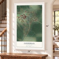 Goodman, Mississippi map, 24 x 36 inch print in a white frame by a staircase