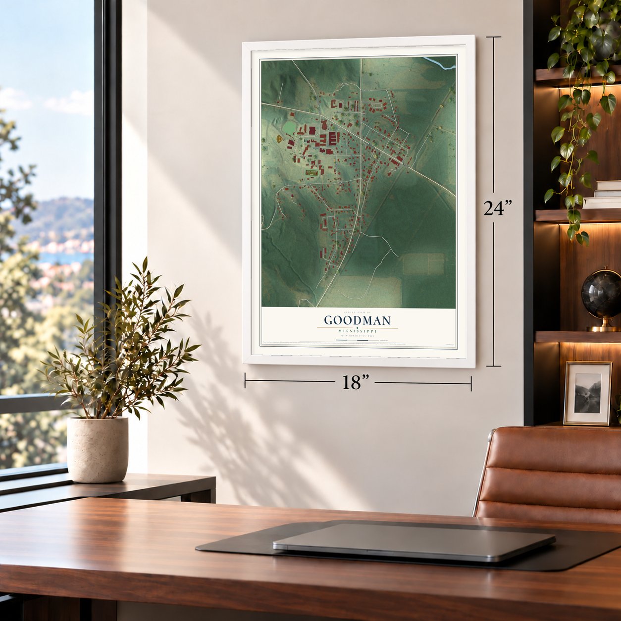 Goodman, Mississippi map, 18 x 24 inch print in a white frame in a home office