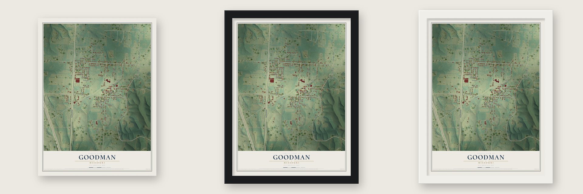 Goodman, Missouri map unframed, in a black wood frame and in a white wood frame