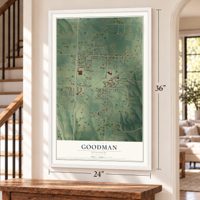 Goodman, Missouri map, 24 x 36 inch print in a white frame by a staircase