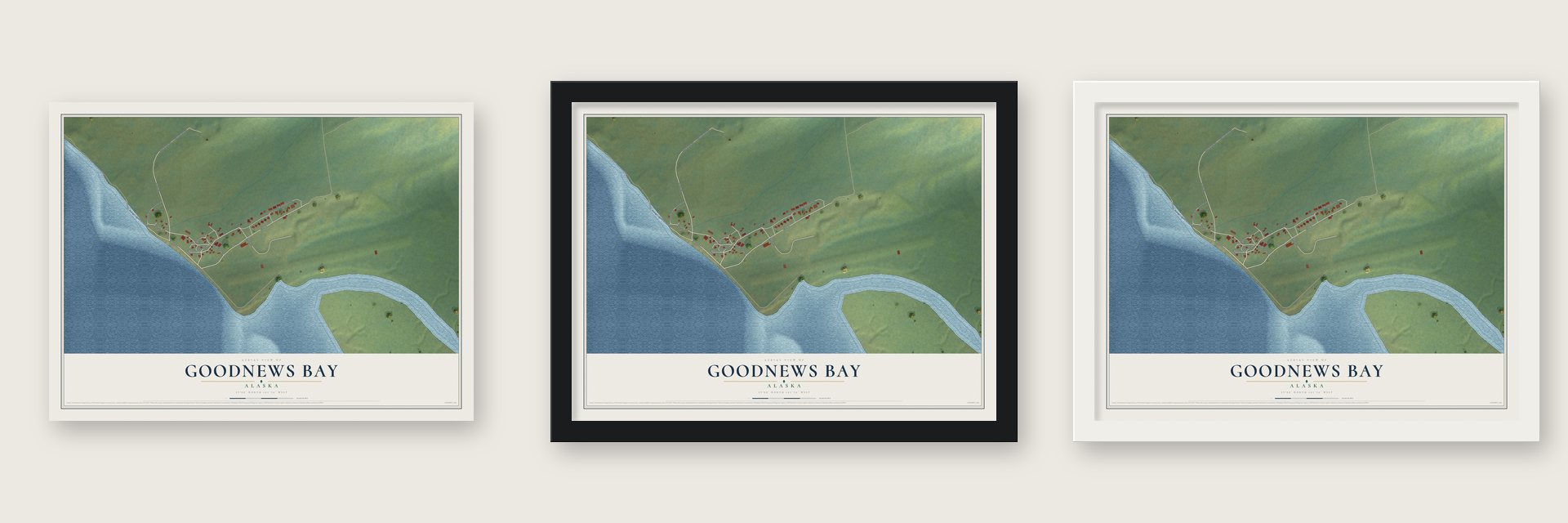 Goodnews Bay, Alaska map unframed, in a black wood frame and in a white wood frame