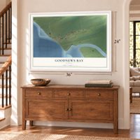 Goodnews Bay, Alaska map, 24 x 36 inch print in a white frame above a dresser by a staircase