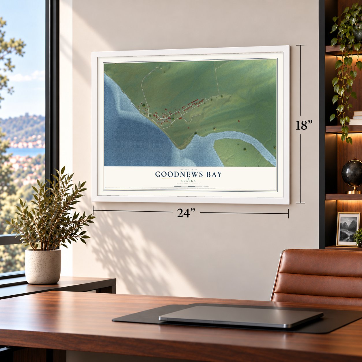Goodnews Bay, Alaska map, 18 x 24 inch print in a white frame in a home office