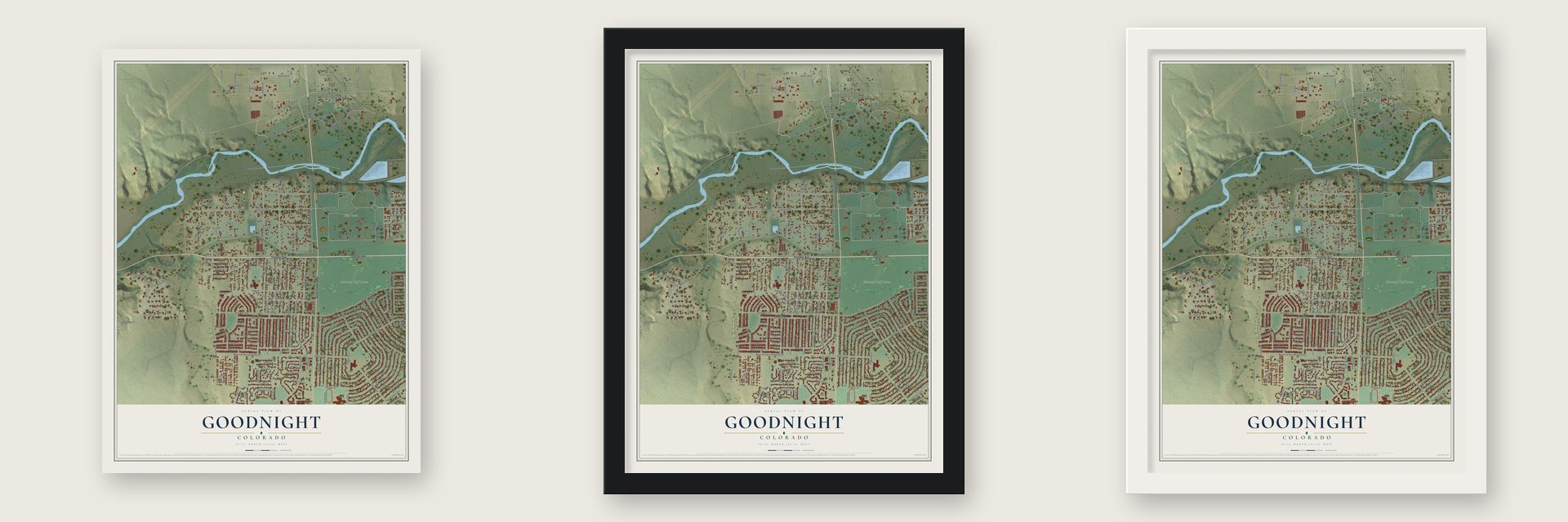 Goodnight, Colorado map unframed, in a black wood frame and in a white wood frame