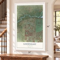 Goodnight, Colorado map, 24 x 36 inch print in a white frame by a staircase