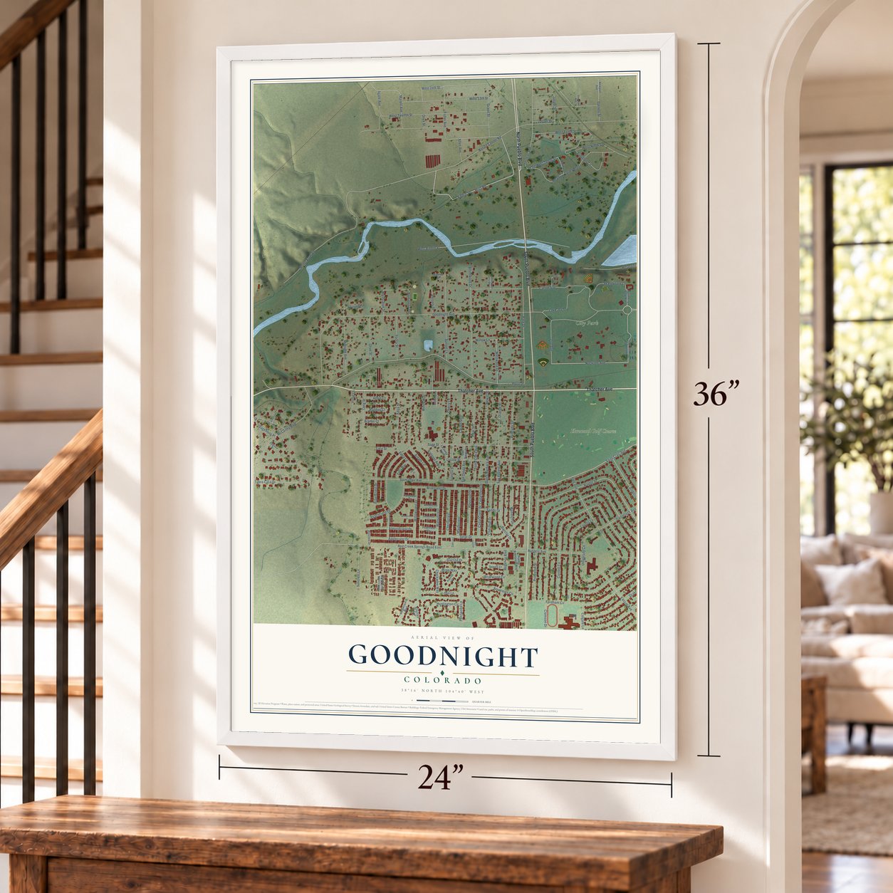 Goodnight, Colorado map, 24 x 36 inch print in a white frame by a staircase