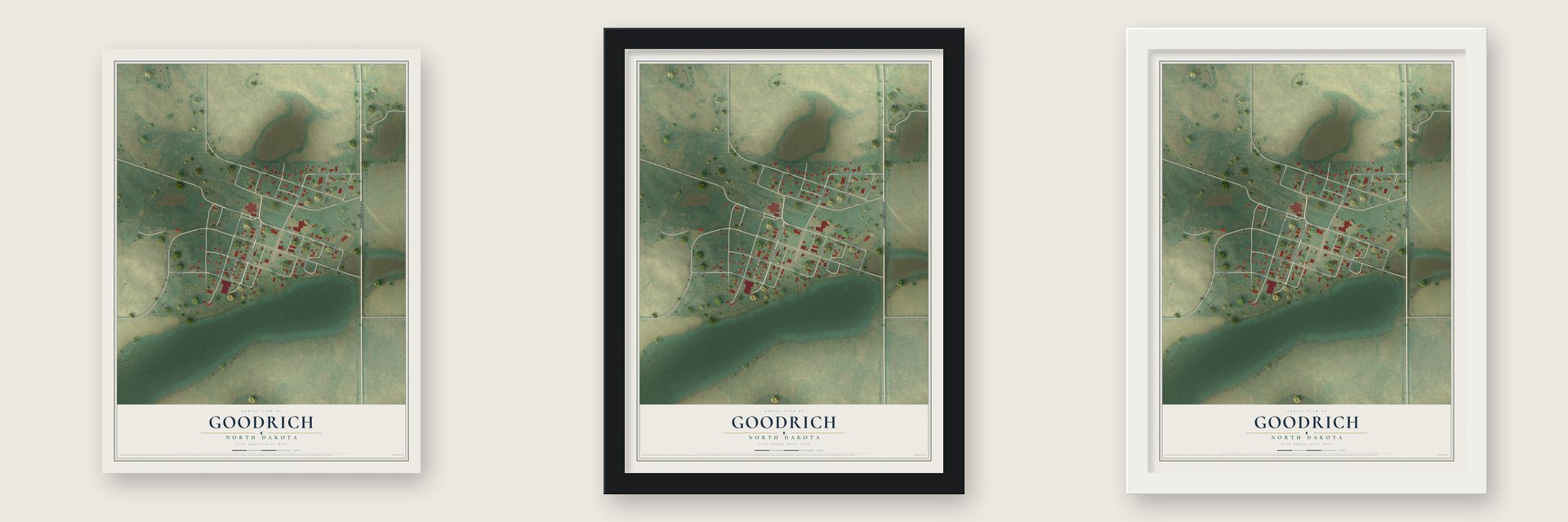Goodrich, North Dakota map unframed, in a black wood frame and in a white wood frame
