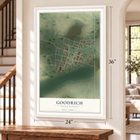 Goodrich, North Dakota map, 24 x 36 inch print in a white frame by a staircase