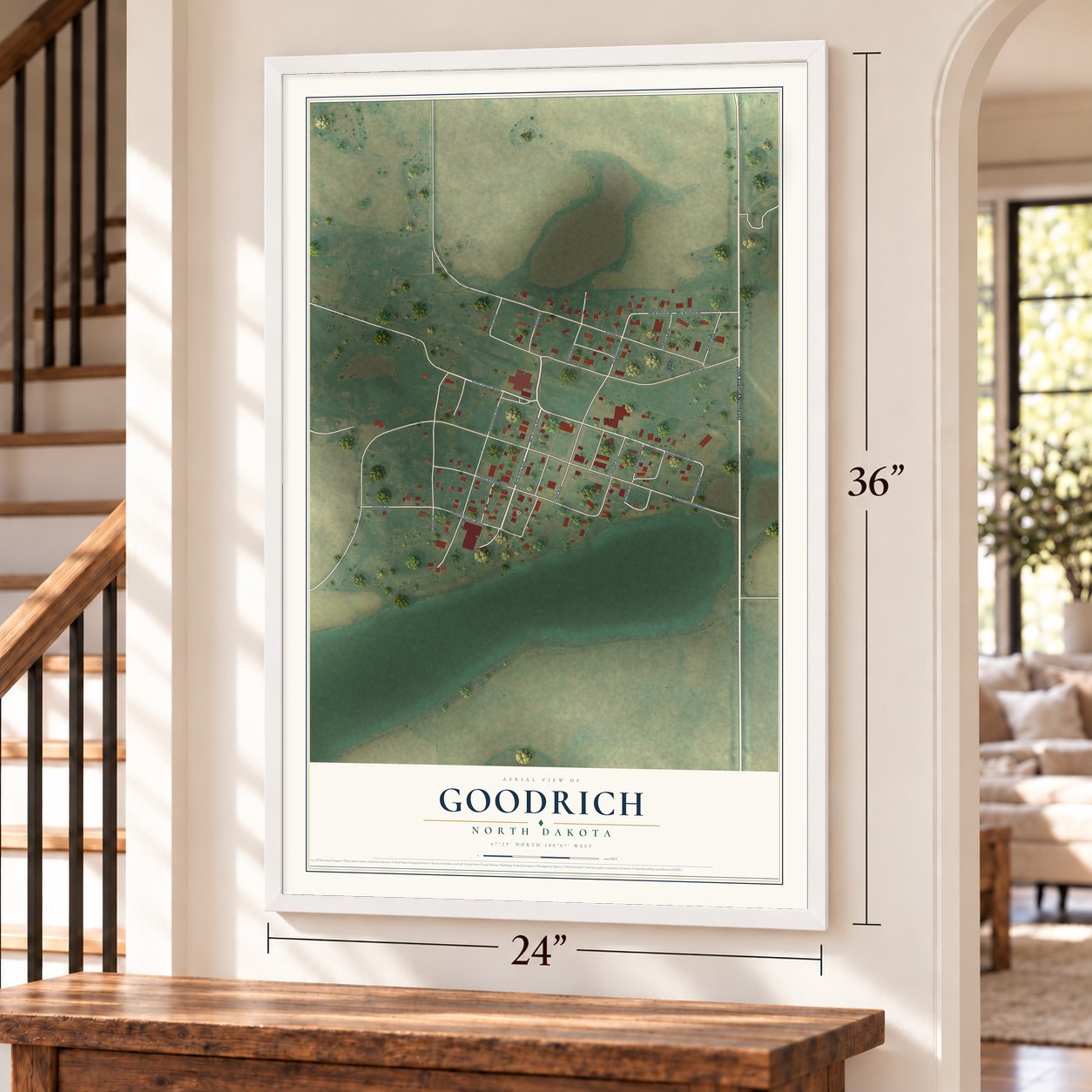 Goodrich, North Dakota map, 24 x 36 inch print in a white frame by a staircase