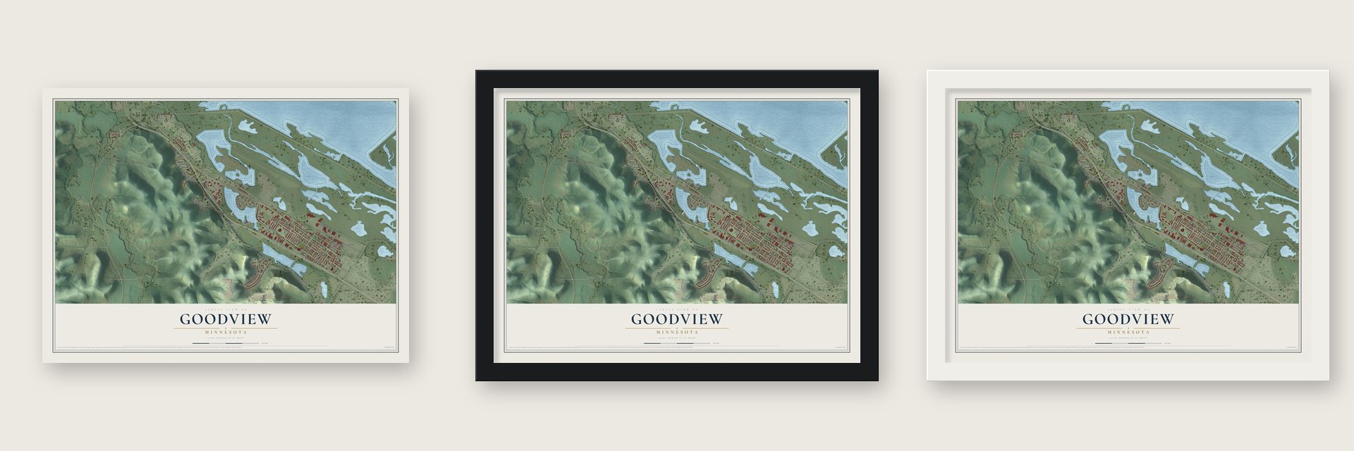 Goodview, Minnesota map unframed, in a black wood frame and in a white wood frame