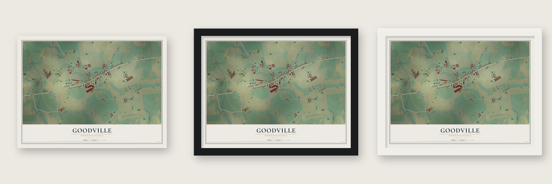 Goodville, Pennsylvania map unframed, in a black wood frame and in a white wood frame