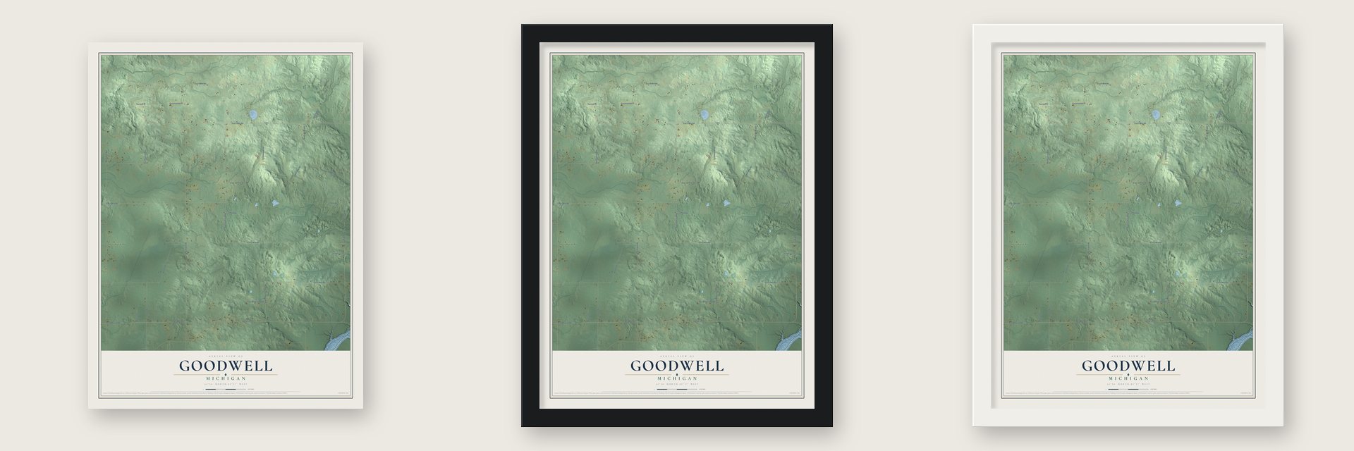 Goodwell, Michigan map unframed, in a black wood frame and in a white wood frame