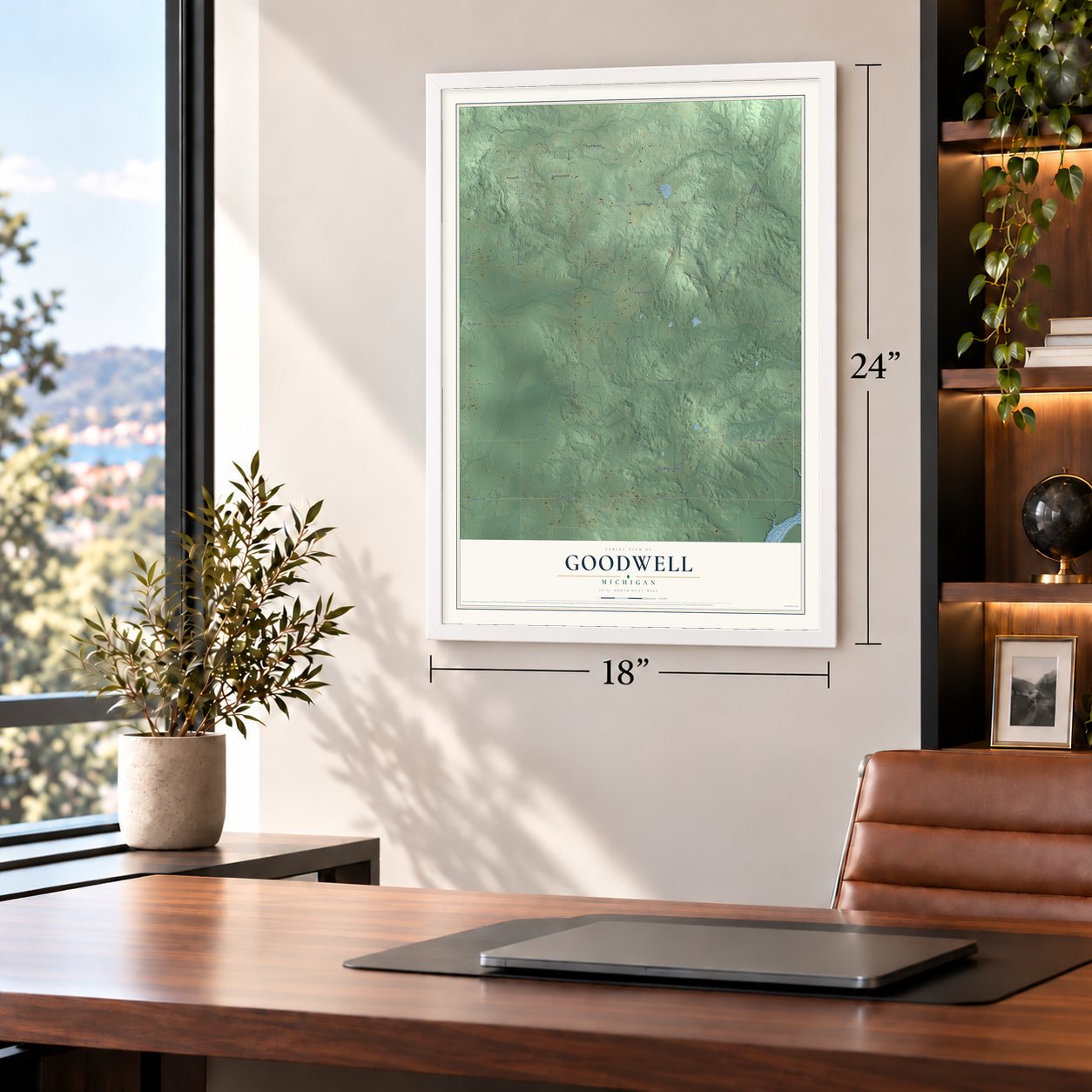 Goodwell, Michigan map, 18 x 24 inch print in a white frame in a home office
