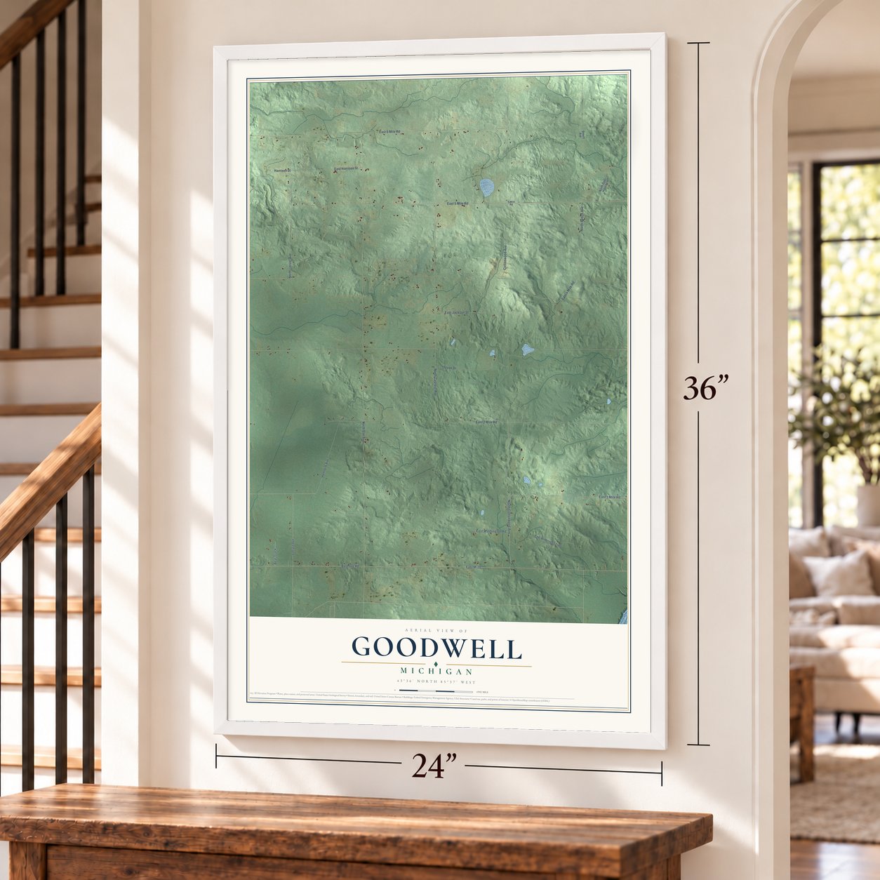 Goodwell, Michigan map, 24 x 36 inch print in a white frame by a staircase