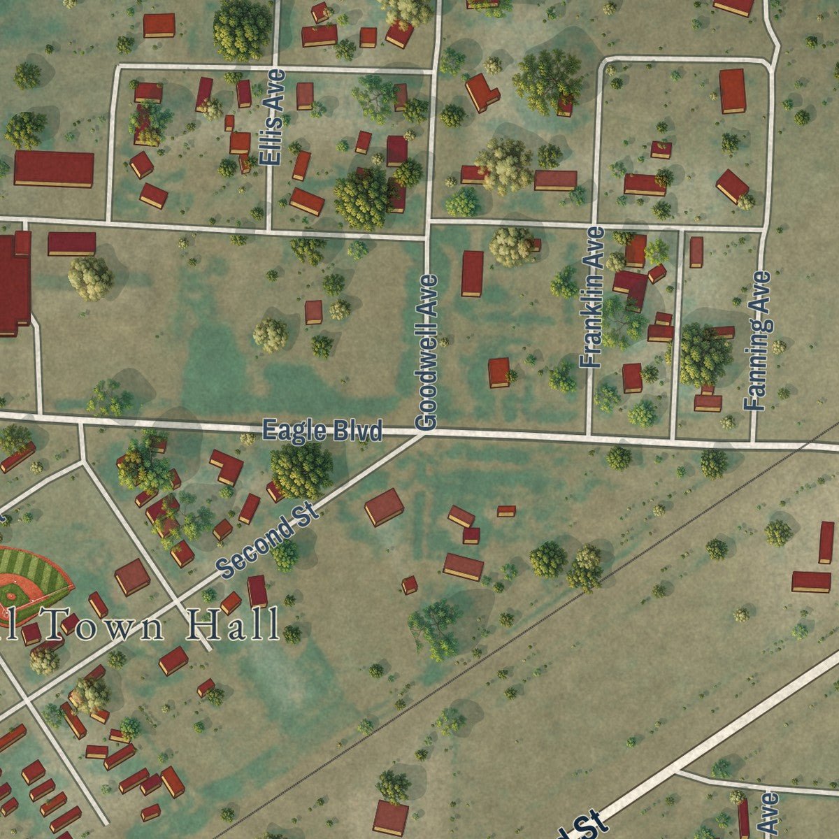 Second close-up of the map of Goodwell, Oklahoma print showing more streets and buildings