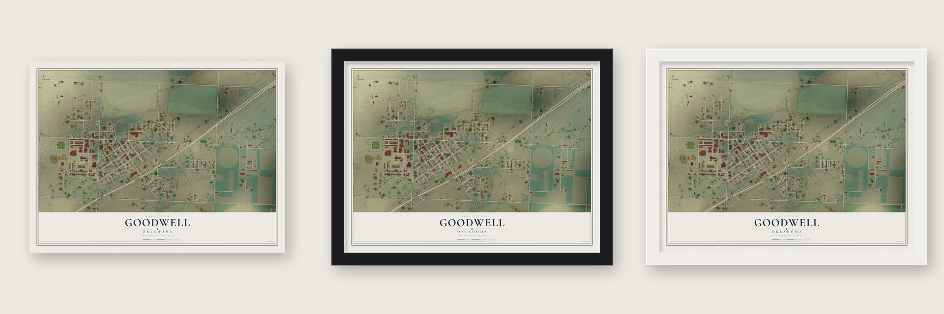 Goodwell, Oklahoma map unframed, in a black wood frame and in a white wood frame