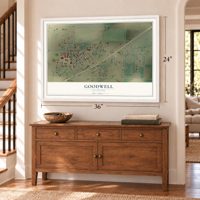 Goodwell, Oklahoma map, 24 x 36 inch print in a white frame above a dresser by a staircase