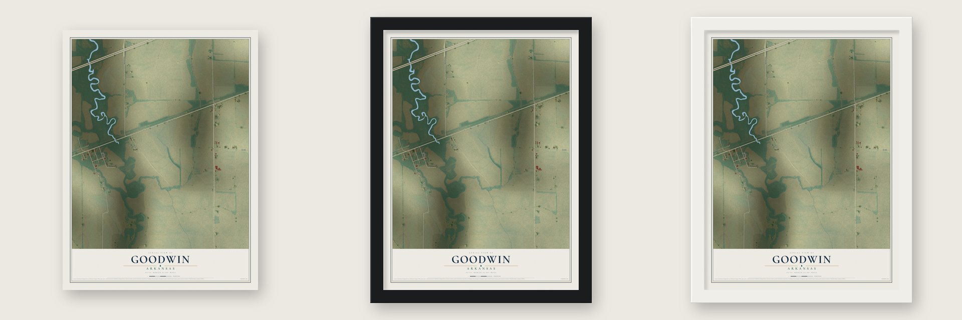 Goodwin, Arkansas map unframed, in a black wood frame and in a white wood frame