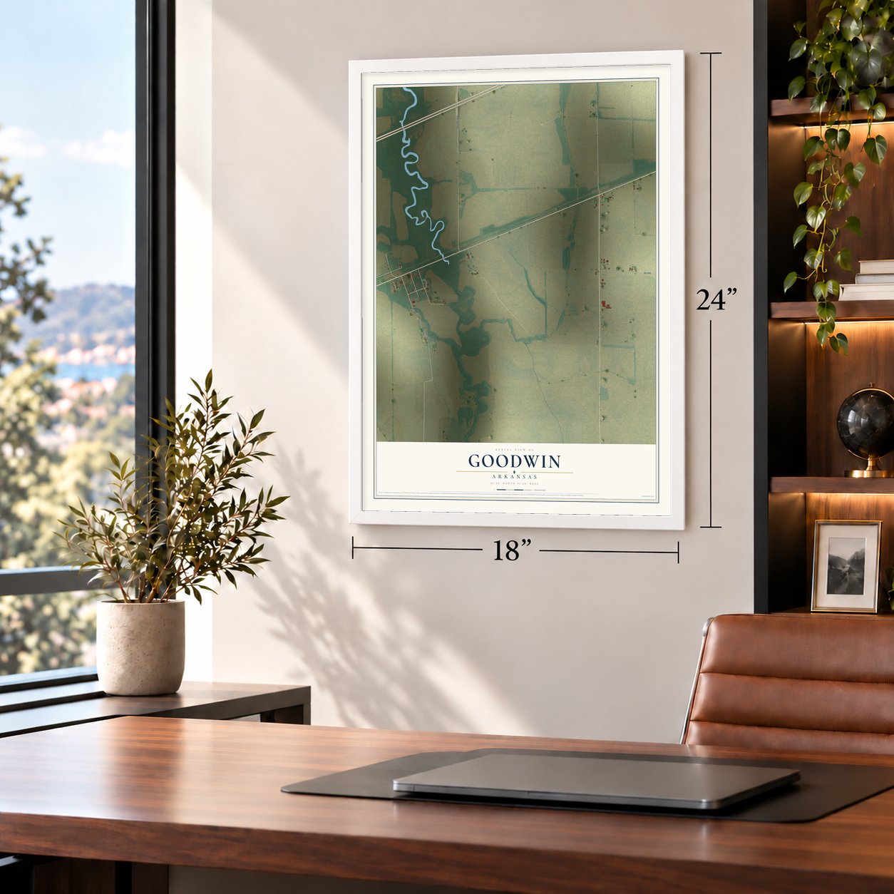 Goodwin, Arkansas map, 18 x 24 inch print in a white frame in a home office
