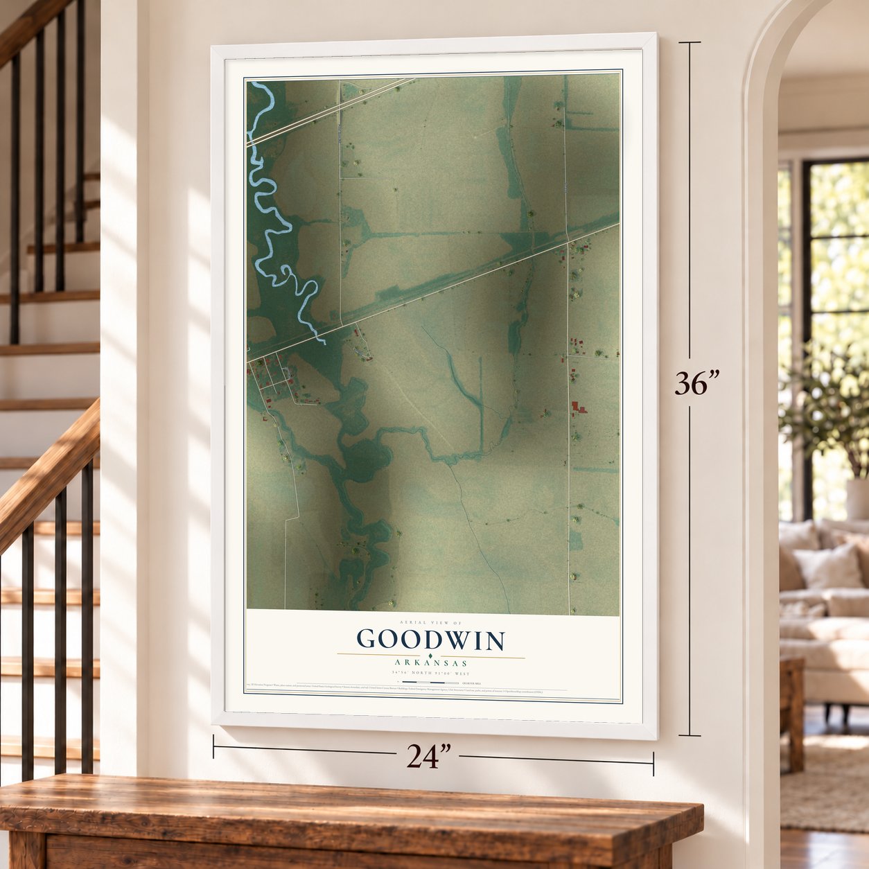 Goodwin, Arkansas map, 24 x 36 inch print in a white frame by a staircase