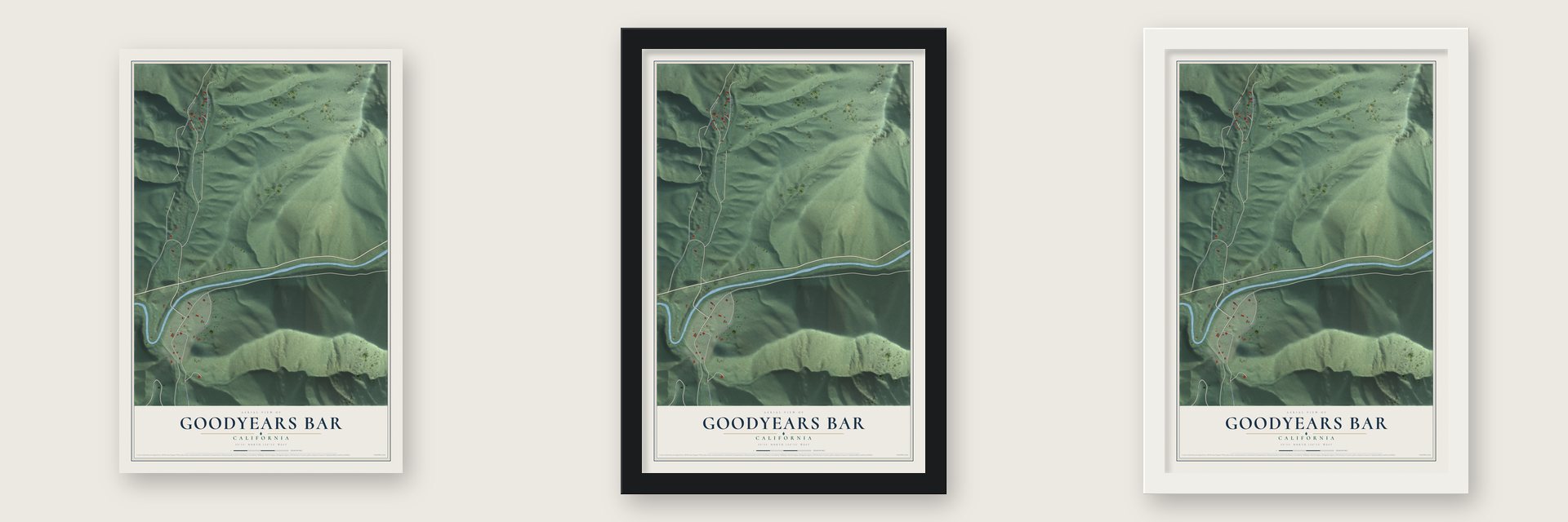 Goodyears Bar, California map unframed, in a black wood frame and in a white wood frame